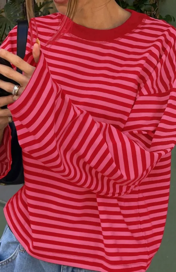 Shein Top décontracté pour femme, tissu côtelé à rayures contrastées, pour un port quotidien, printemps/automne